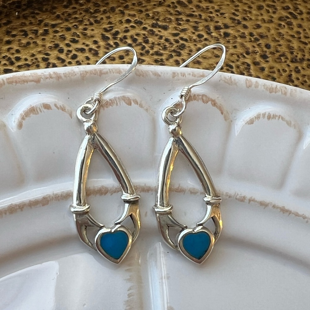 Vintage Sterling Silver Turquoise Heart Teardrop Earrings 925 NOS